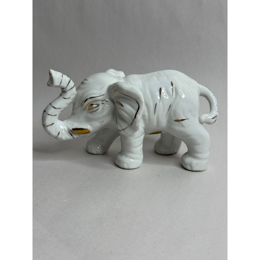 Vintage White‎ Ceramic Elephant Figurine Gold Accents Cute Animal Statue